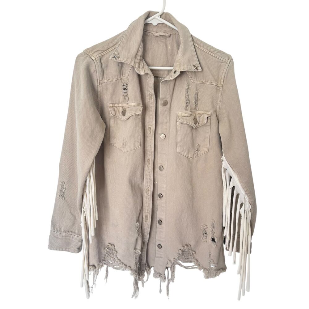 Upcycled Texas Americana Distressed Fringe Denim Shacket Jacket Western S Tan - Picture 6 of 12
